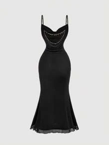 SHEIN MOD Backless Sequin Chain Plunging Neck Fitted Slit Fishtail Dress,Fall / Winter Dress,Western Wear Women,Country Concert Outfit,Old Money Style Women,Dresses For Women Party, Black Dress, Black Mermaid Dress, Black Formal Dress, Black Evening Gown