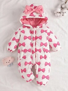 SHEIN 1 件女婴纯棉连帽连体衣，韩版蝴蝶结印花可爱甜美时尚百搭休闲厚保暖冬装 - 粉色 - 查看 3