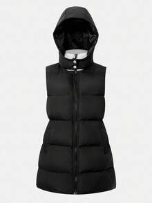 SHEIN Teen Girl Plain Zip-Up Sleeveless Hoodie Casual Padded Coat Black Puffer Vest Winter Black Long Puffer Vest Hooded Puffer Vest Fall - Black - View 4