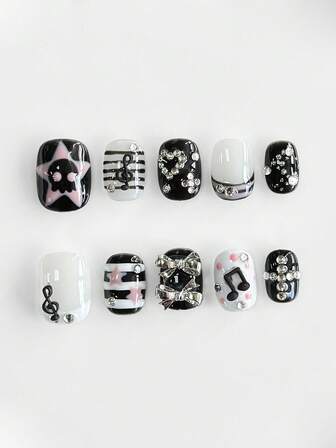 Anime 10pcs Cute Star, Music Note, Bow Accent Artificial Nails + 3pcs Double-Sided Adhesive, Removable Geometric Pattern, Line, Polka Dot Nail Art Stickers, High-Quality Rhinestone Decor Colorful Manicure, Suitable For Holidays, Parties, Dancing And Daily Wear