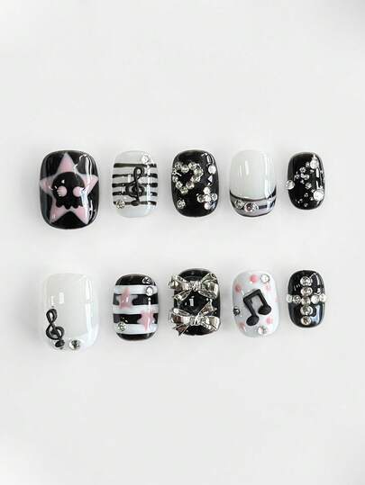 Anime 10 piezas de uñas artificiales con acento de estrella, nota musical y lazo, + 3 piezas de adhesivo doble cara, pegatinas de arte de uñas geométricas, de línea y de lunares, desmontables, decoración de alta calidad con rhinestones de colores para manicura, adecuado para vacaciones, fiestas, baile y uso diario