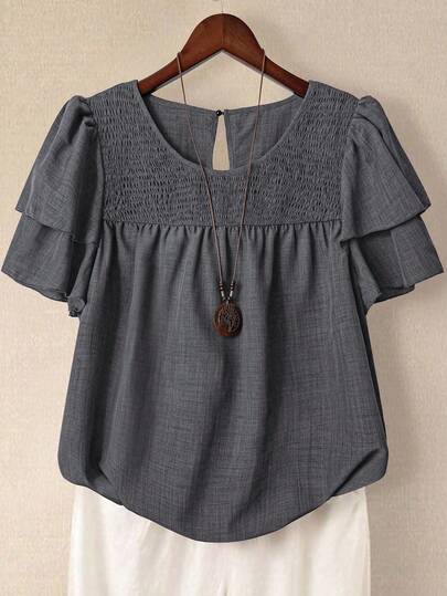 Linhara 大码女式纯色圆领双层袖短袖休闲衬衫，休闲时尚百搭褶皱夏季假日女士衬衫