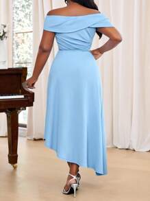 Fleurora Plus Size Women's Elegant Summer Light Blue Dress,Off Shoulder Asymmetric Hem Solid Wedding Guest Dress - Blue - View 2