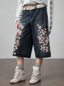 ROMWE Grunge Punk 复古 Y2K 街头中国风虎纹花卉刺绣宽松阔腿牛仔裤，男女通用 - 藍色 - 查看 4