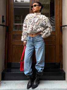 Muchica 女式豹纹立领仿皮草大衣，秋冬，动物印花 Y2k 大衣，秋季 - 卡其色 - 查看 3