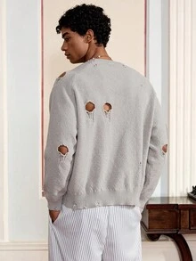 SWAVVY 男士休闲灰色做旧长袖毛衣，秋冬 - 淺灰色 - 查看 1