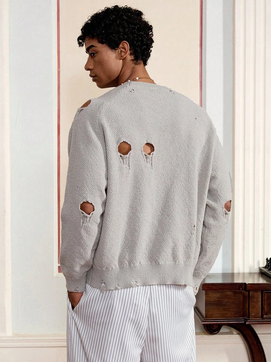 SWAVVY 男士休闲灰色做旧长袖毛衣，秋冬 - 淺灰色 - 查看 1