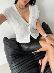 Modelyn Women's Solid Color V-Neck Single-Breasted Batwing Short Sleeve Loose Casual Cardigan Knit Top - White - View 7