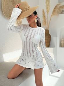 EURMUSE Vacation Crew Neck Backless Bow Tie Flare Sleeve Hollow Out Crochet Mini Knitted Cover Up Dress For Summer Beach Vibes Women Short Dresses Summer - Apricot - View 2
