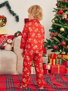 SHEIN Boys' Merry Christmas Pajamas - Gingerbread Man Print Burgundy Long Pants And Long Sleeve Cardigan Comfortable 2 Pieces Sleepwear Set, Family Matching Outfits (4 Sets Sold Separately) Matching Family Pajama Sets Fall Winter