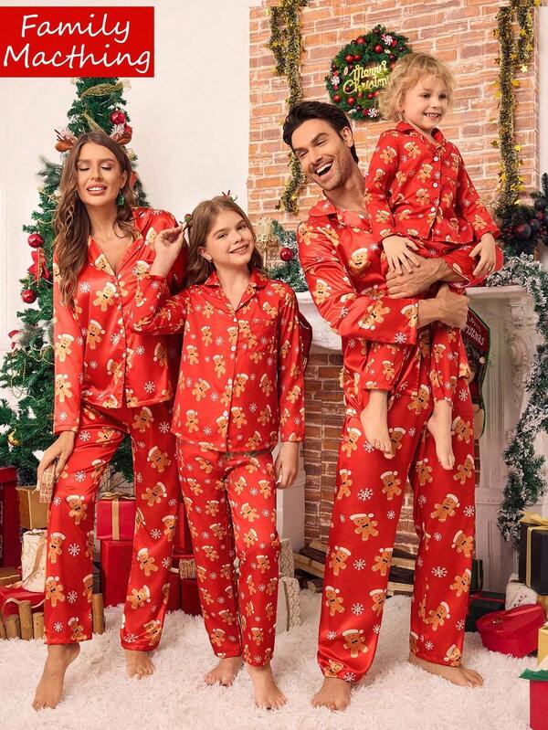 SHEIN Conjunto de pijama casual cómodo de 2 piezas con top de manga larga y pantalones con estampado minimalista de hombres de jengibre navideños en color borgoña, ropa de otoño e invierno para mujer