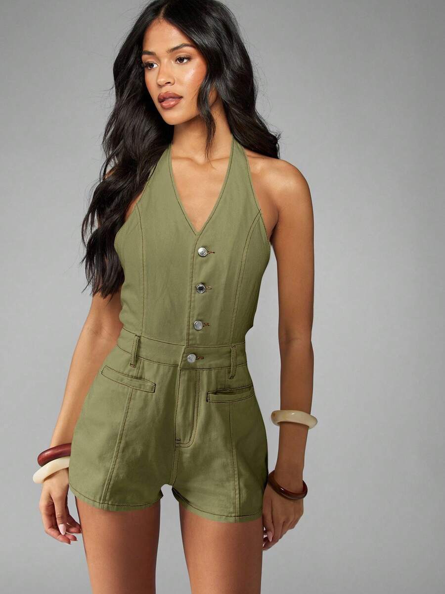 MISSGUIDED Mono de mezclilla con cuello de halter y botones, estilo casual de primavera y otoño para festivales de verano, uso diario y vacaciones en resort - Verde - Ver 1