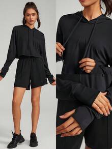 GLOWMODE Modal Ultra-Thin Drawstring Long Sleeve Cropped Hoodie Daily Casual - Black - View 5