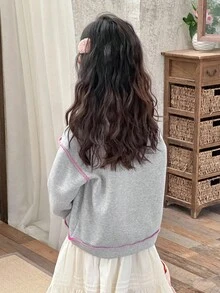 DAZY 女童圆领撞色缝线装饰长袖卫衣，秋冬季 - 灰色 - 查看 2