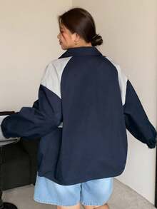 Dazy Plus Color Block Collar Zip Up Loose Fit Plus Size Women Sports Casual Jacket Fall/Winter