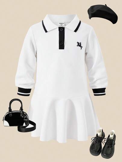 SHEIN Explorewe Casuvi 儿童女童 Polo 领 T 恤连衣裙，纯色，撞色罗纹领，马球运动员图案印花装饰，A 字简约风格，适合户外运动、返校、休闲装
