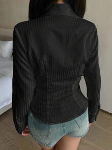 少女黑色修身弧形下摆图案衬衫、条纹衬衫、学院风衬衫、黑色衬衫、百搭百搭衬衫、少女衬衫 - 黑色 - 查看 6