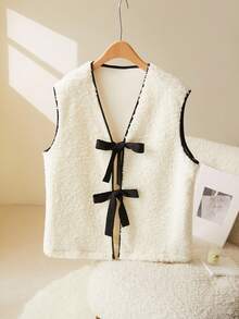 CosyJoli Plus Size Casual Faux Shearling Contrast Trim Bowknot Vest Sleeveless Jacket Fall/Winter - White - View 7