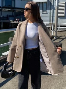 DAZY Women's Loose Mid-Length Overcoat, Autumn/Winter - Khaki - View 3