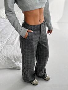 SHEIN PETITE Women's Low-Waist Plaid Casual Pants, Vintage Style For Daily Commute And Leisure - Dark Grey - View 3