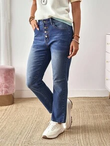 EMERY ROSE Women's Button Front Pocket Flare Casual Versatile Jeans - Blue - View 4