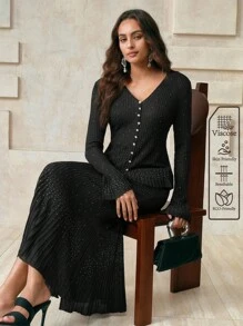 Arave 女士优雅水钻褶饰鱼尾下摆针织中长裙 - 黑色 - 查看 6