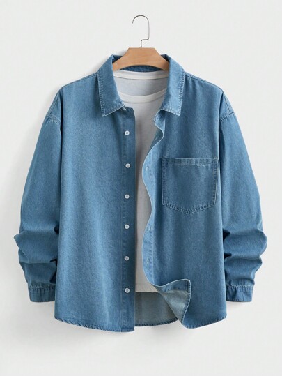 EASEVO Plus Size Men's Long Sleeve Single-Breasted Pocket Casual Denim Jacket