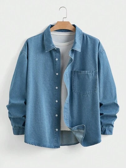 EASEVO Chaqueta vaquera casual de manga larga y un solo pecho con bolsillo para hombres de talla grande