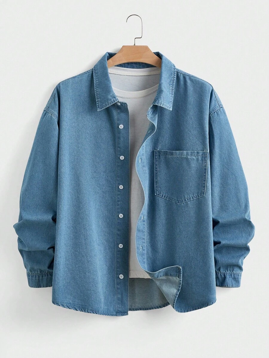 EASEVO Plus Size Men's Long Sleeve Single-Breasted Pocket Casual Denim Jacket - Blue - View 1