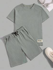 RueChic Men Waffle Fabric Raglan Sleeve Patched Regular T-Shirt Set - Mint Green - View 3