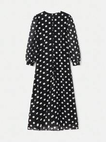 lacRébo 长袖超长雪纺波点连衣裙，侧开衩荷叶边开口波点连衣裙女款黑色波点连衣裙长袖波点连衣裙长袖超长连衣裙女款秋冬 - 黑與白 - 查看 7