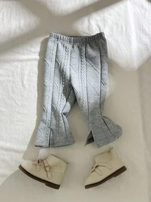 SHEIN 1 件婴儿女孩/幼儿舒适休闲针织麦穗图案喇叭裤，适合秋冬外出、上学、旅行和各种场合