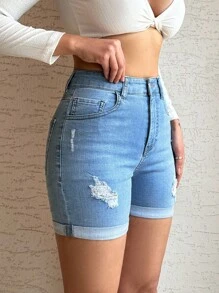 EURMUSE 97% Cotton Mini Heavy Destroy Short Fold Up Detail - Light Wash - View 5