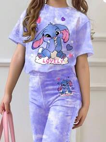 SHEIN 2件套女童休闲卡通兔子露露套装，缝线图案扎染天蓝色圆领短袖T恤搭配喇叭裤，适合夏季和秋季穿着。 - 彩色 - 查看 3