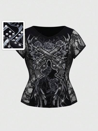 Goth Dark Gun & Vine Print Rhinestone Lace Patchwork Plus Size Top