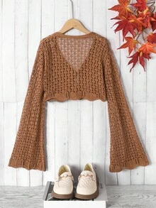 SHEIN Tween Girl Elegant Hem Shell Ruffle Long Sleeve Cropped Cardigan Fall Winter - Camel - View 2
