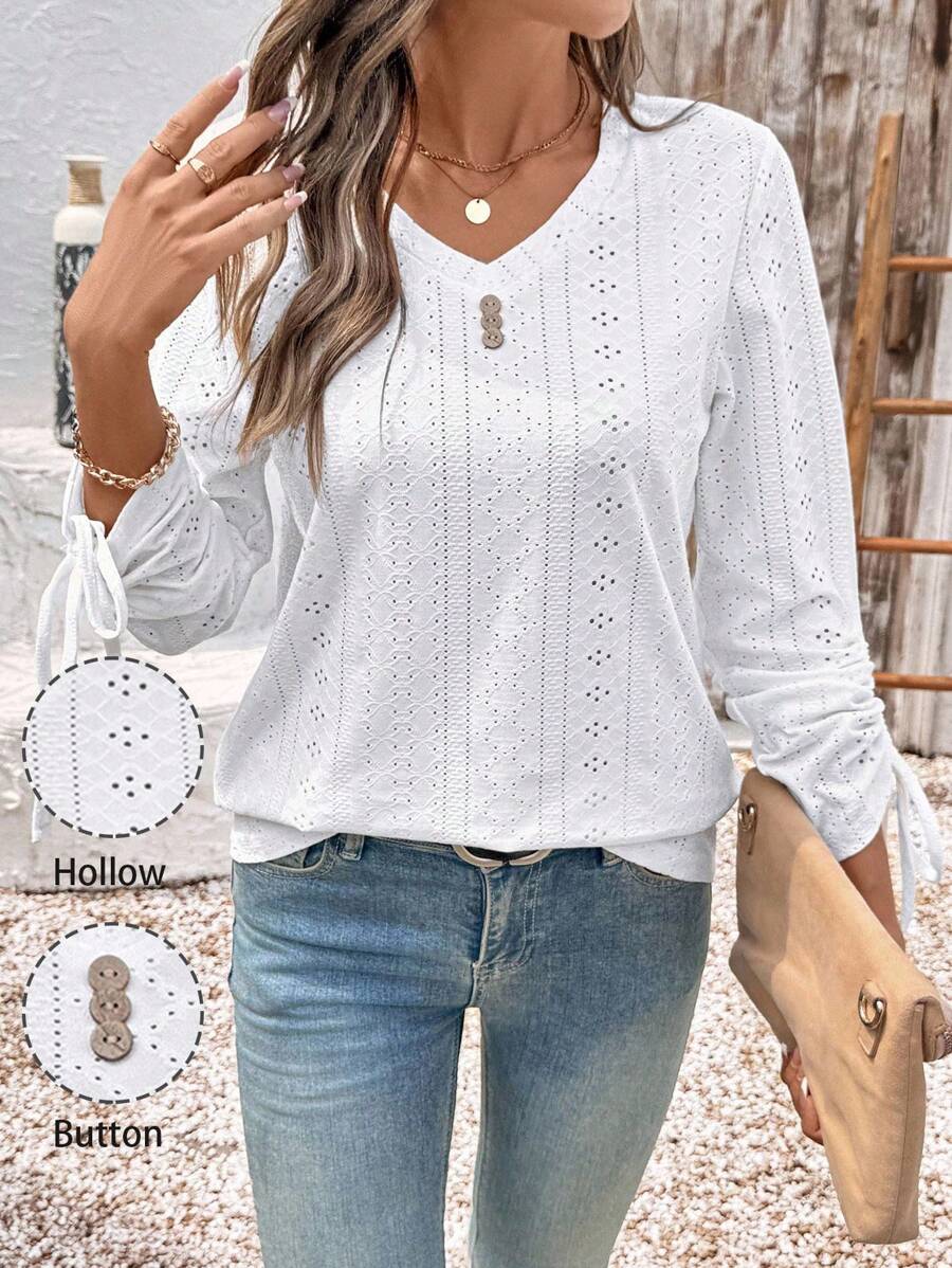 EMERY ROSE 女士休闲优雅网眼刺绣V领抽绳衬衫 - 白色 - 查看 1