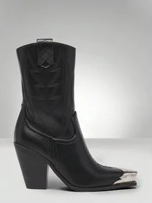 Solezae 魅力西部牛仔靴，黑色尖头粗跟中筒靴，假日夏季时尚鞋款，适合圣诞节和情人节 - 黑色 - 查看 2