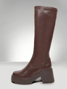 Solezae Women's Comfortable Stretch Material Chunky Lug Sole Knee High Boots - Brown - View 7