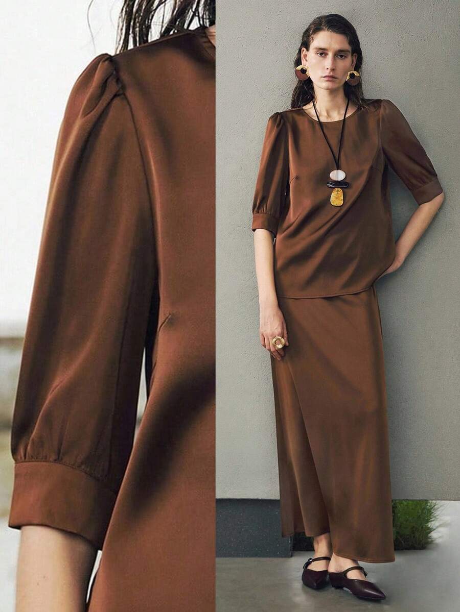 Uhlyne Women's Satin Silk Like Vacation/Office Wear Loose Fit Round Neck Back V-Neck 3/4 Sleeve Top And Mermaid Hem Skirt 2-Piece Set,Coffee Brown,Caramel,Easy Care,Autumn,Minimalist,Work Wear,Teacher Outfits,Back To School,Fall ,Neutral Clothes,Business Casual,Old Money Style Brown Two Piece Set Women Brown Satin Two Piece Set Brown Silk Two Piece Set Maillard Style Casual Outfits Spring - Coffee Brown - View 1