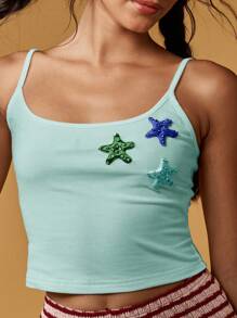 MISSGUIDED Áo croptop mùa hè hai dây họa tiết sao biển, thích hợp mặc đi biển, đi nghỉ mát, lễ hội, chủ đề nàng tiên cá, đại dương, không tay. - Màu xanh lam - Xem 6