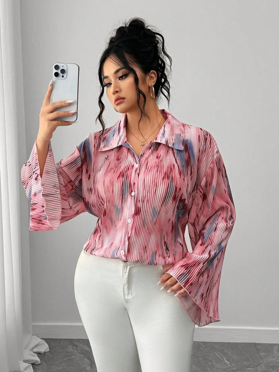 Elenzga Plus Size Women's Tie-Dye Drop Shoulder Long Sleeve Single-Breasted Loose Fashion Shirt