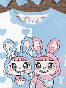 SHEIN Blanco crema y azul fresco, gráfico de animal lindo con lazo en forma de corazón, inspirado en Animal Crossing, estilo kawaii, camiseta de manga corta y cuello redondo minimalista casual para niña joven, adecuada para el verano, con vibra de ropa urbana, estilo deportivo casual de campus, picnic al aire libre, salidas, fotografía callejera, hogar, campus - Multicolor - Ver 5