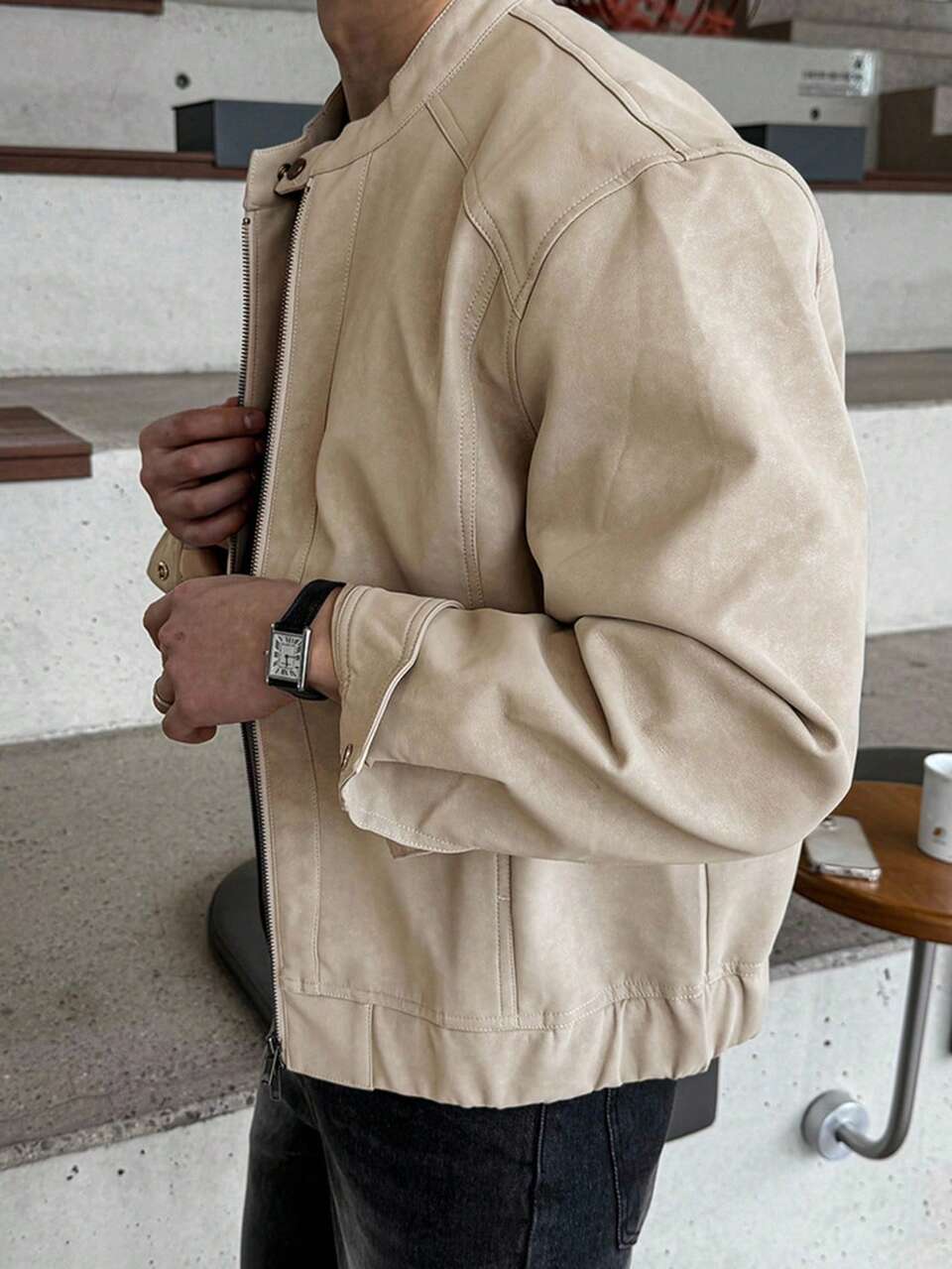 Men's Solid Color Suede Fabric Collar Adjustable Button Design Gray Jacket And Coat, Autumn Leather Jacket