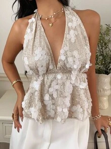 SHEIN Frenchy Áo hở lưng gợi cảm đính sequin dành cho nữ, thích hợp cho kỳ nghỉ nhiệt đới, lễ hội, bãi biển, phong cách boho, dễ thương, công sở, đi làm, màu mơ thanh lịch, đi chơi. - Màu be - Xem 6