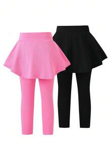SHEIN Playful Pals 2件套女童芭蕾舞风格纯色裙子和打底裤套装，打底裤配裙子，女童打底裤套装，喇叭打底裤，带裙摆打底裤，少女荷叶边打底裤，黑色/紫红色打底裤，4-7岁喇叭裤套装，2件套女童裤子和上衣，秋冬季 - 彩色 - 查看 2