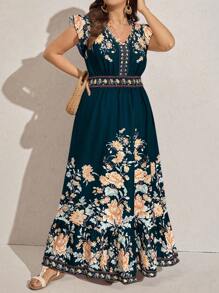 Comfylo 大码女式休闲花卉印花长裙，适合夏季度假穿着 - 綠色 - 查看 3