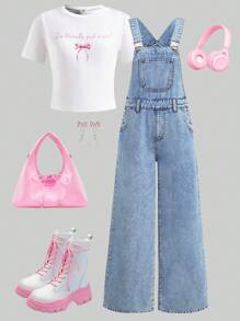 SHEIN Girlism 少女粉色丝带蝴蝶结宽腿蓝色牛仔背带裤 - 淺色水洗藍 - 查看 2