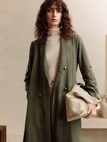 EMERY ROSE 女式 V 领系带腰部金属扣翻领优雅长袖超长连衣裙风衣外套 - 綠色 - 查看 6