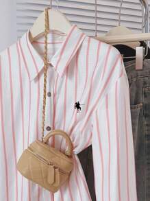 Jouncy 女式骑士刺绣条纹长袖休闲防晒衬衫 - 藕粉色 - 查看 2